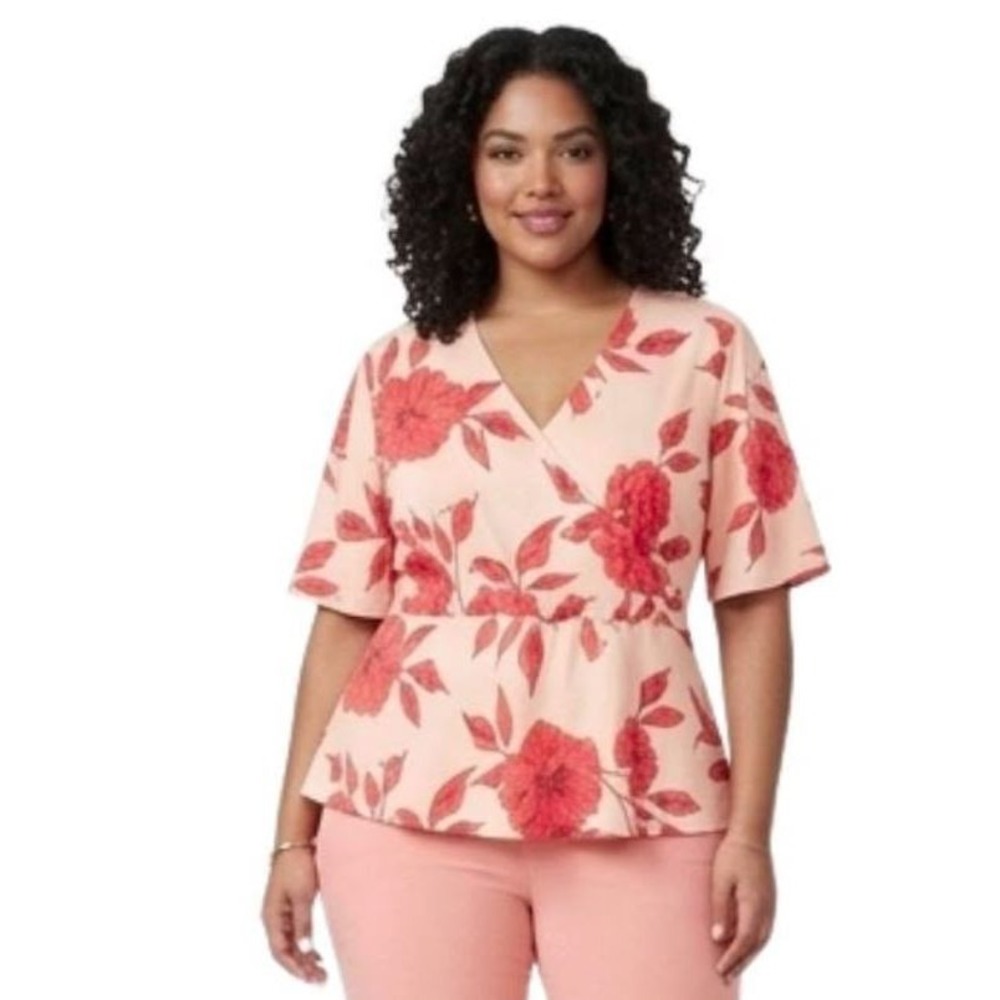 Liz Claiborne Women's Short Flutter Sleeve Red Floral Faux Wrap Peplum Top XL